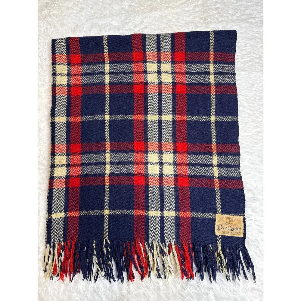 1960s CarlDyke Tartan Wool Stadium Blanket Red Navy Plaid Fringe 51x38